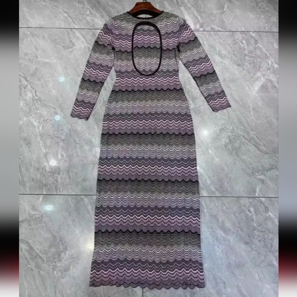 Autumn Women Backless Knitted Maxi Dress StripedRound Neck Long Sleeve Slim - Picture 3 of 6